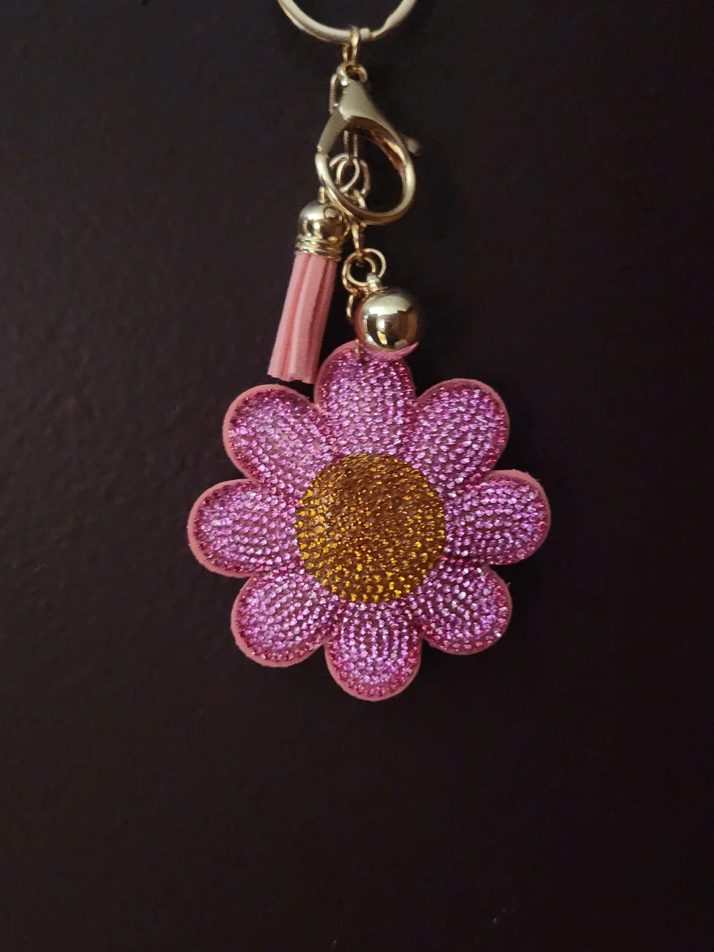 Pink Flower Crystal Tassel Keychain Charm with Gold Accent